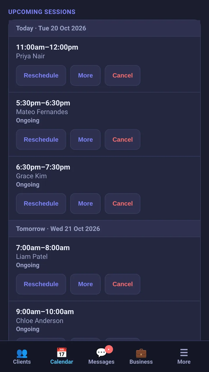 Upcoming sessions on a phone.