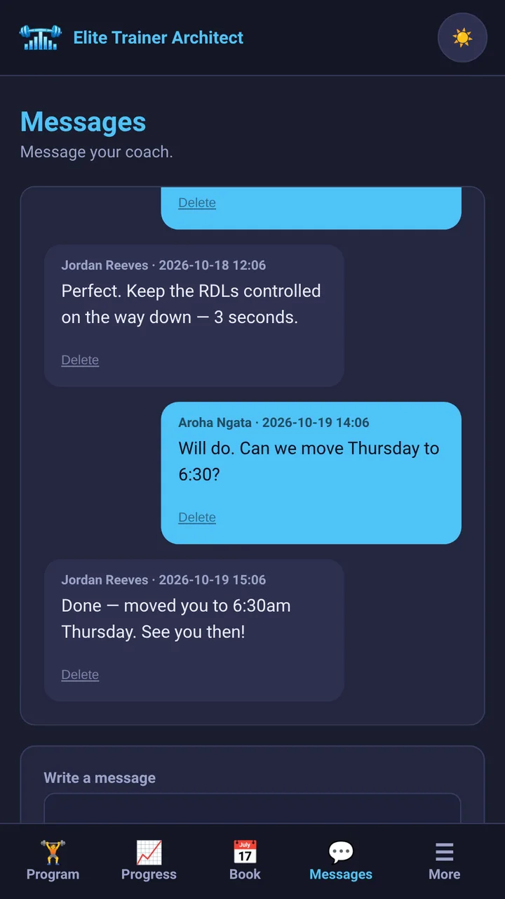 Messages between trainer and client on a phone.