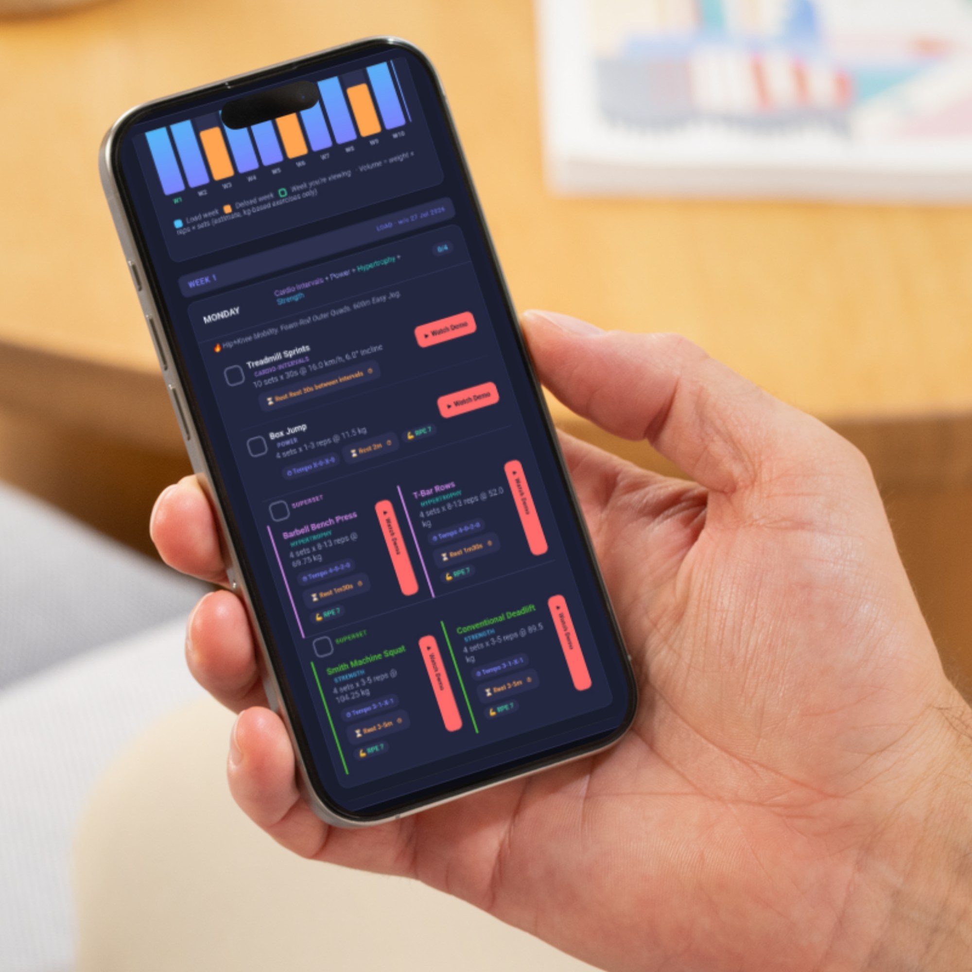 A real Elite Trainer Architect program held on a phone, showing the load/deload chart and Monday's session with cardio intervals, a power lift, and two supersets.