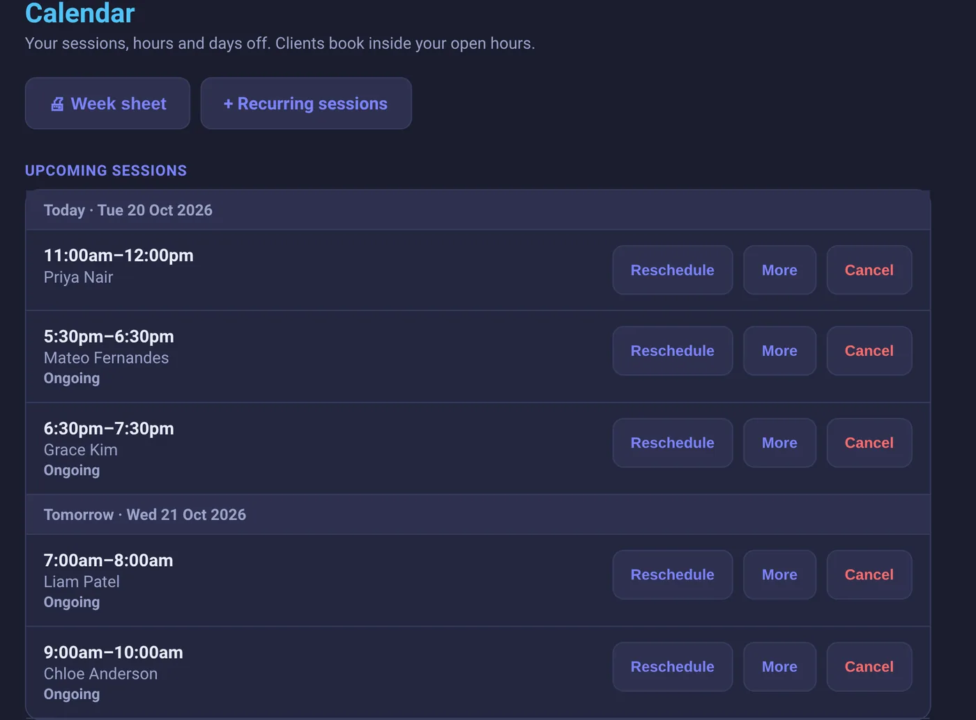 Calendar: upcoming sessions with reschedule and cancel.